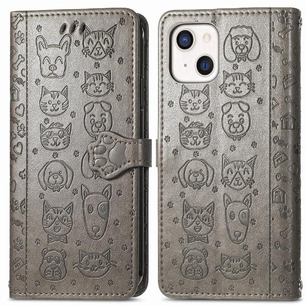 Funda Cartera FOXDOCK para iPhone 13 Mini , Flip PU con Relieve de Gatos y Perros, Tarjetero y Soporte