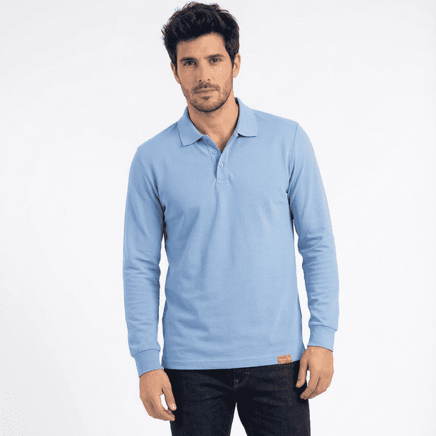 Polera Hombre Piqué Manga Larga Premium 60/40 Ideal Para Bordar Celeste
