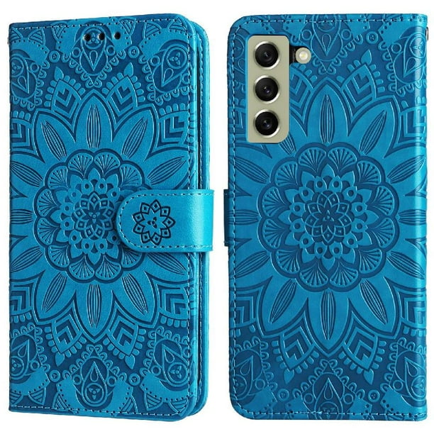 Funda tipo cartera FOXDOCK para Samsung Galaxy S21 FE , diseño girasol en relieve, cuero PU, cierre magnético, soporte y tarjetero