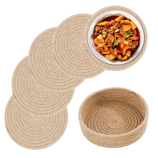 Tapetes de 18 cm para ollas y sartenes, 5 salvamanteles tejidos con cesta para platos calientes, agarraderas para cocina, accesorios de mesa resistentes al calor.