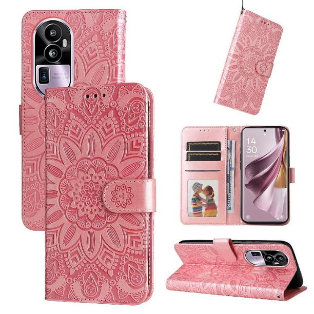 Funda tipo cartera FOXDOCK para OPPO Reno 10 Pro Plus , diseño girasol en relieve, cuero PU, cierre magnético, soporte y tarjetero