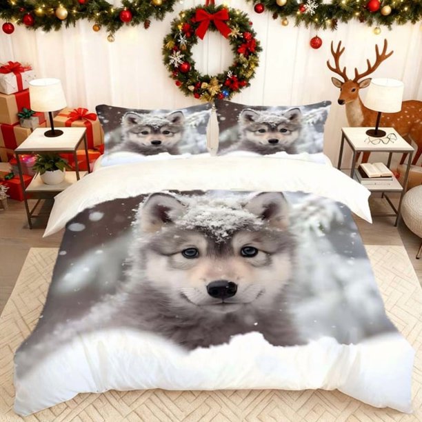 Snowfield Little Wolf Print Quilt Cover Set Bedding Quilt Cover Pillowcase Set Soft Comfortable Suitable for Home And Bedroom Guest