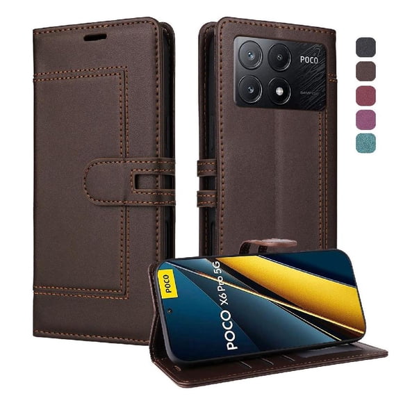 Premium Wallet Case for Xiaomi Poco X6 Pro with Card Slots & Kickstand, Flip Cover Brown