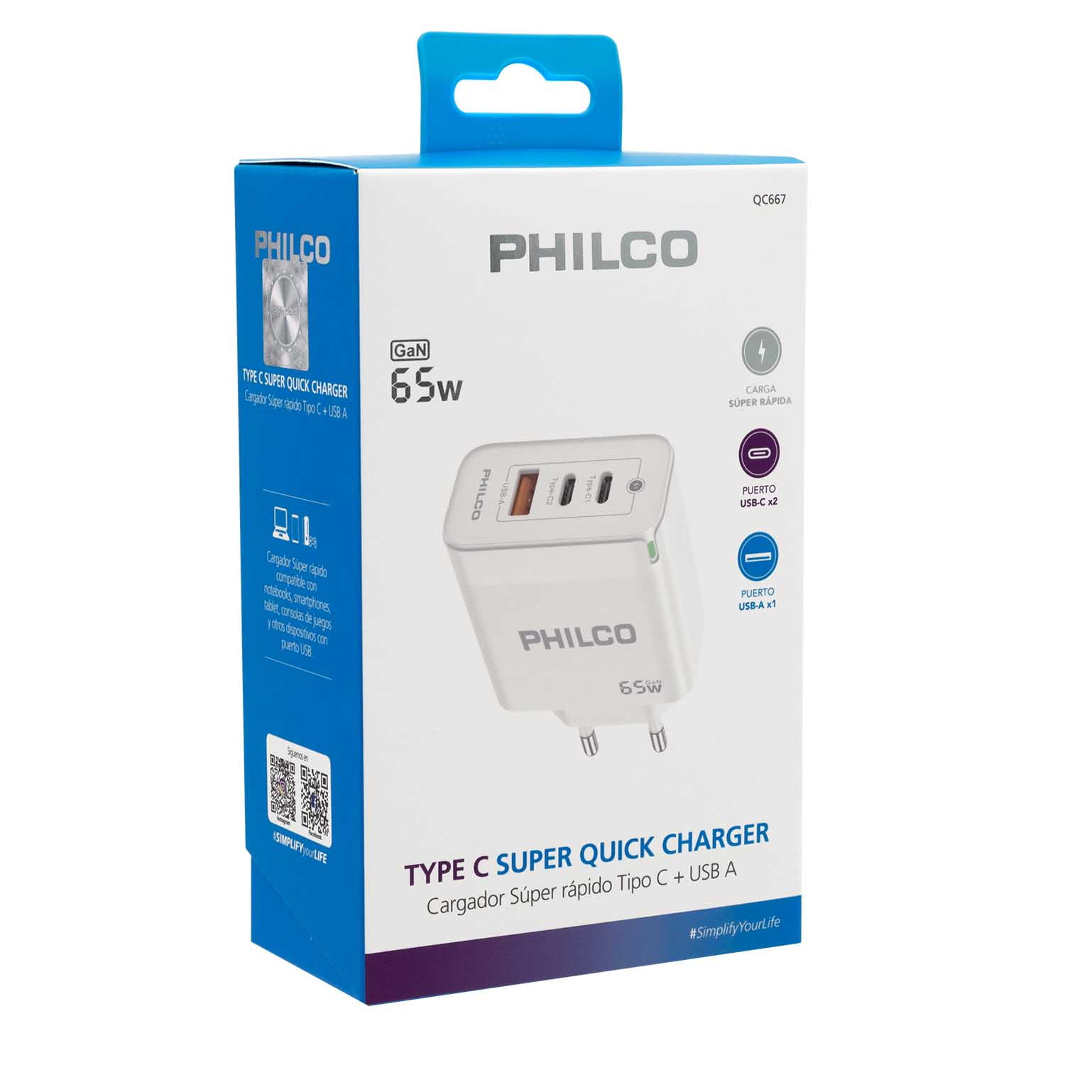 Philco - Carg. De Pared Super Rapido 65w Usb A Y Tipo C