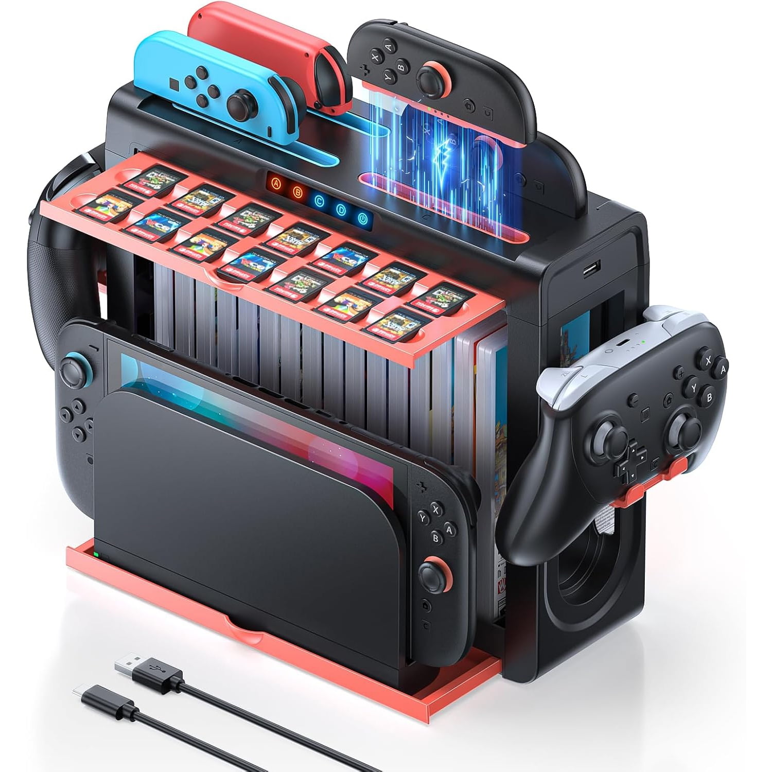 Genérico - Estación De Carga Organizador Para Nintendo Switch 2 Compatible Con Joy-con 2/1 Soporte De Almacenamiento Retráctil Que Almacena 16 Discos De Juego, 14 Tarjetas De Juego Y Controlador Pro