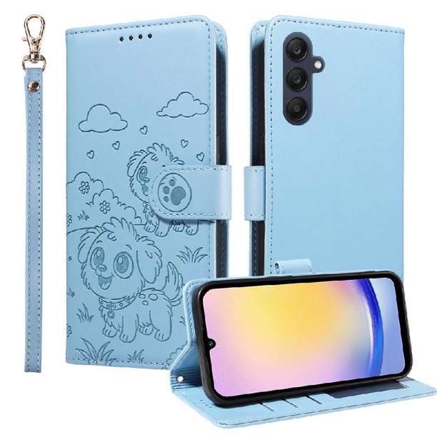 Funda Cartera para Samsung Galaxy A25 5G Perro Cachorro Grabado con Tarjetas Soporte Correa Azul