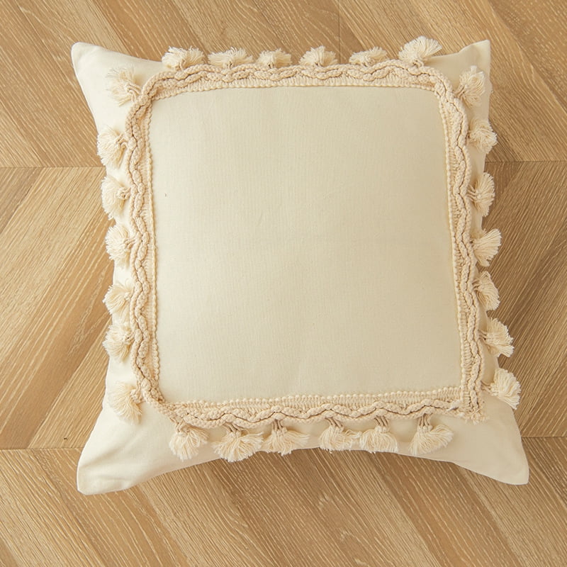 Xmhytop Almohada Decorativa Bohemia 17.7x17.7 Pulgadas, Tejida Con Borlas, Color Crema Y Blanco, Minimalista Neutral, Para Sofá (con Relleno), A