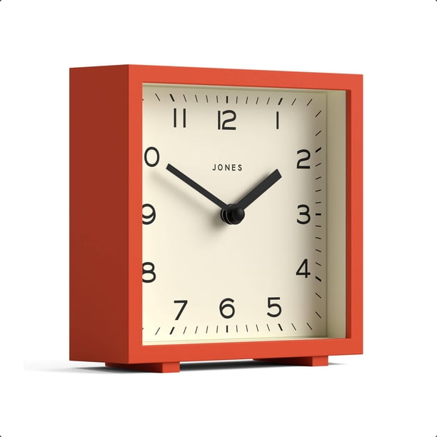 Reloj de escritorio JONES CLOCKS® Disco | Diseño cuadrado elegante | Naranja | Estiloso y fácil de leer para estantería, mesa, repisa o mesita de noche