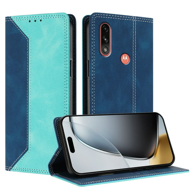 Funda FOXDOCK para Motorola Moto E7 power de Cuero Premium Bicolor con Ranuras RFID, Carcasa Tipo Billetera Antigolpes y Soporte Plegable