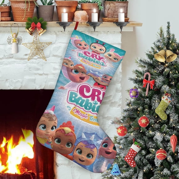 Cry Babies Bebé Tema: Calcetines de Navidad, fino lino blanco para colgar en escaleras y chimenea, decoración navideña para el hogar, regalo de Navidad.54cm×38cm
