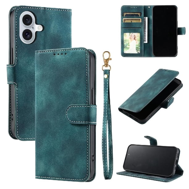 Funda Cartera para iPhone 16 Tapa con Ranuras, Soporte y Correa Verde