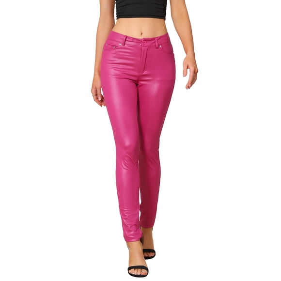 CURVY GLAM Pantalones de cuero sintético para mujer de cintura alta, ajustados y elásticos, estilo motociclista, talla XL, color rosa intenso
