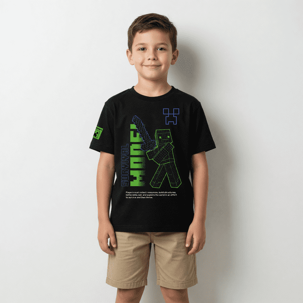 Polera Manga Corta Niño Minecraft Fluor Negro