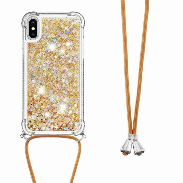 Funda FOXDOCK para iPhone X/Xs con Cuerda Ajustable, Brillo Líquido, Protección Antigolpes y Lente – Ideal para Regalo