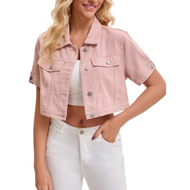 INSPIRE CHIC Chaqueta de Jean Recortada de Manga Corta con Botones y Desgastada para Mujer de Regreso a Clases Rosa XL