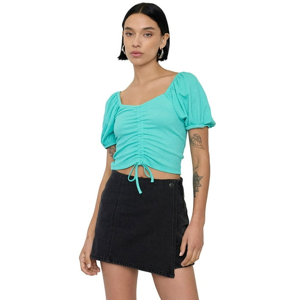 Blusa Mujer Crop Panal Manga Globo Celeste Corona