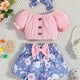 thumbnail image 1 of 3pcs Baby Infan Girl Casual Puff Sleeve Top & Floral Shorts & Headband Set Clothes, 1 of 5