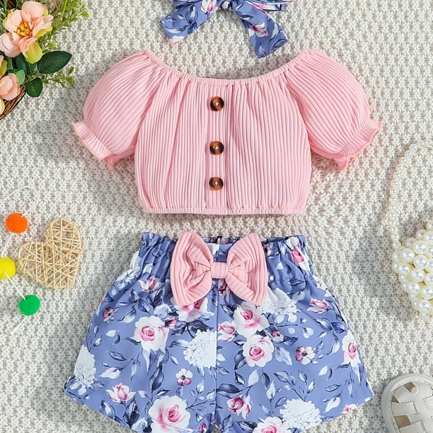 3pcs Baby Infan Girl Casual Puff Sleeve Top & Floral Shorts & Headband Set Clothes