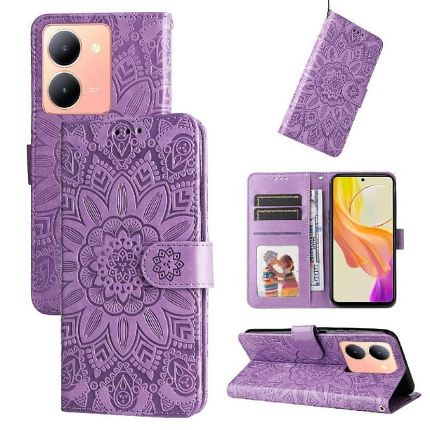 Funda tipo cartera FOXDOCK para Vivo Y36 4G/5G , diseño girasol en relieve, cuero PU, cierre magnético, soporte y tarjetero