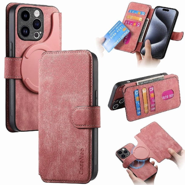 Funda Billetera Magnética para iPhone 15 Pro Soporte Tarjetas Desmontable Rosa