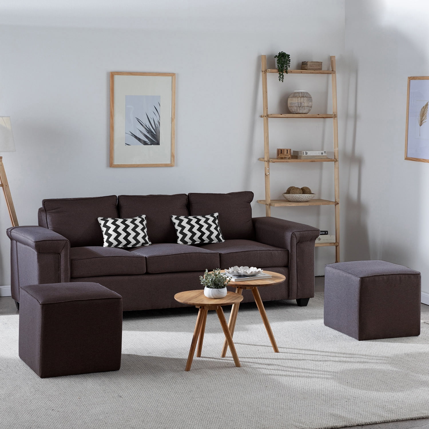 Muebles Cottoni - Sofá 3 Cuerpos Sicilia + 2 Pouf Tela Chocolate