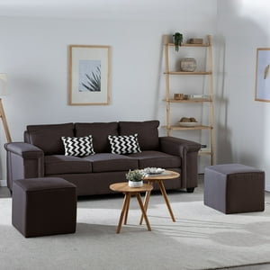 Muebles Cottoni - Sofá 3 Cuerpos Sicilia + 2 Pouf Tela Chocolate