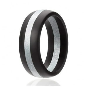 Roq - Anillo De Boda De Silicona - Estilo Domo Con Línea Media - Negro-Plateado De Para Hombre - Anillo