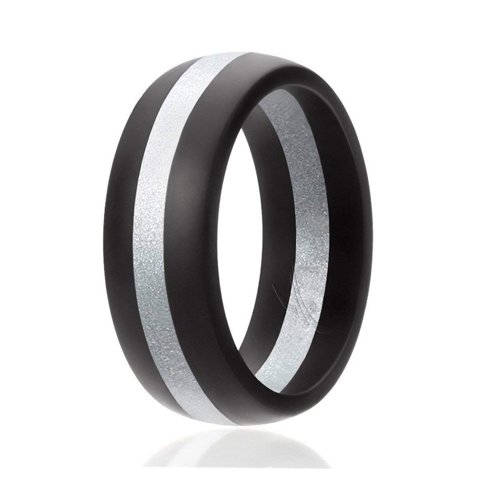 Roq - Anillo De Boda De Silicona - Estilo Domo Con Línea Media - Negro-Plateado De Para - Anillo