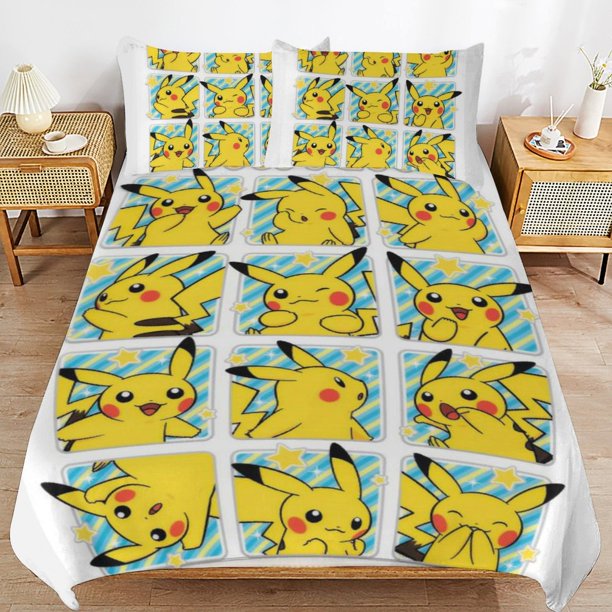Pi-ka-chu Bed Duvet Cover Microfiber Bedding Sets 3D Printed Lightweight 3 Piece Comforter Sets for Kids Boys Girls