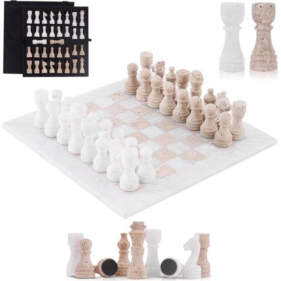 Juego de mesa SPESHSTONES Ajedrez de mármol y travertino 30 cm – Versión de viaje