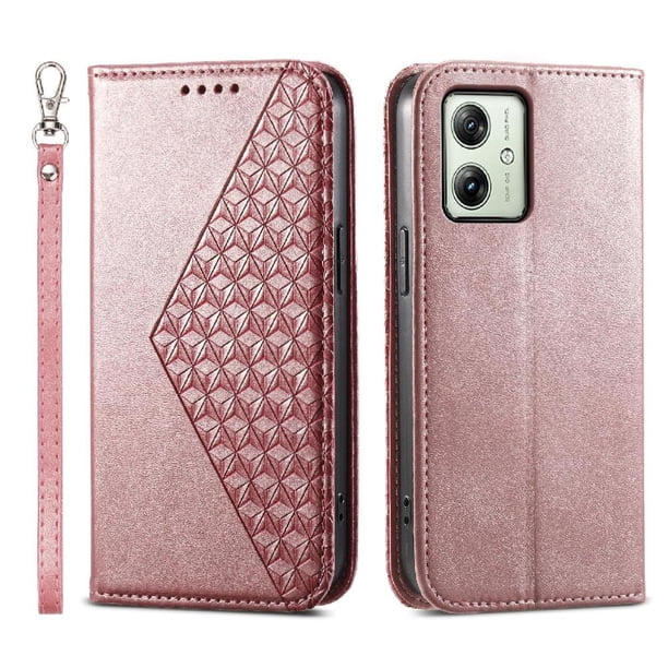 Funda Flip FOXDOCK para Motorola Moto G54 , Estilo Billetera con Diseño Rombo, Correa de Mano y Soporte, Uso Diario
