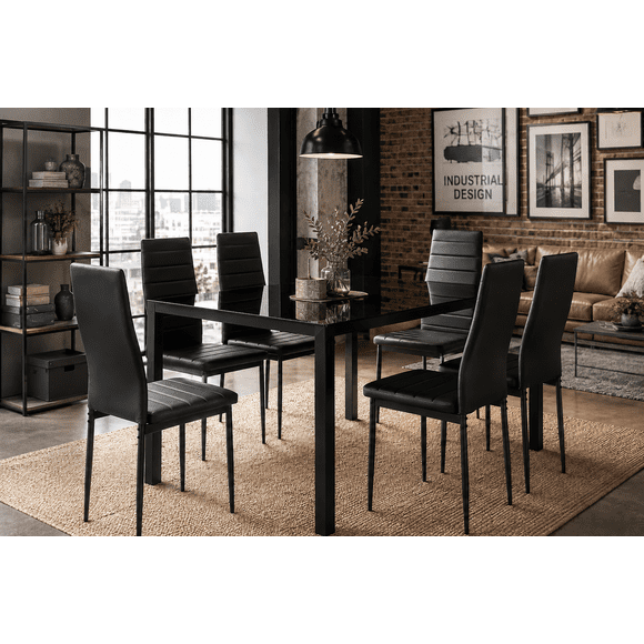 Juego de Comedor Moderno 6 Sillas PU Negro + Mesa Vidrio Templado 150 cm | Comedor Industrial Elegante