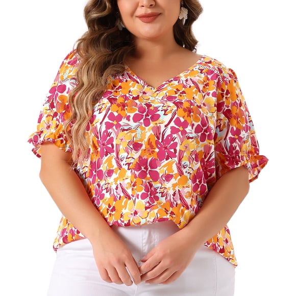 Agnes Orinda Blusas de Verano Casuales de Talla Grande para Mujer con Estampado Floral, Cuello en V, Manga Corta con Volantes 3X Rosa