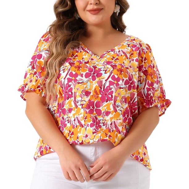Agnes Orinda Blusas de Verano Casuales de Talla Grande para Mujer con Estampado Floral, Cuello en V, Manga Corta con Volantes 3X Rosa