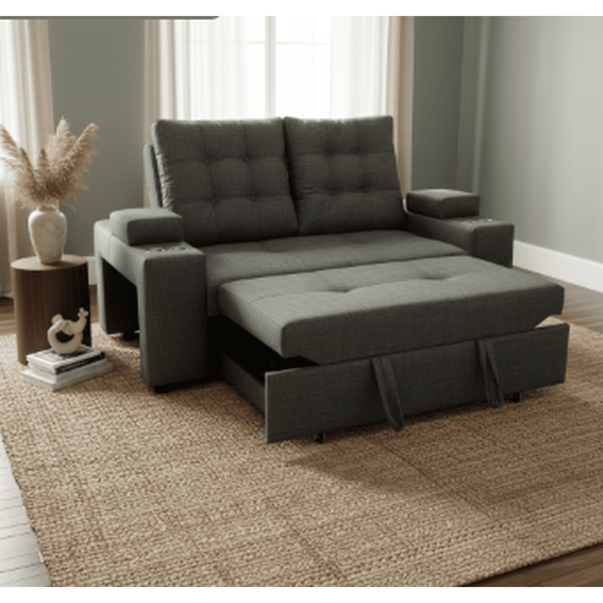 Camila Home - Sofá Cama Confort Plus 2 Plazas Lino Gris Oscuro Reclinable Con Baúl Y Cojines