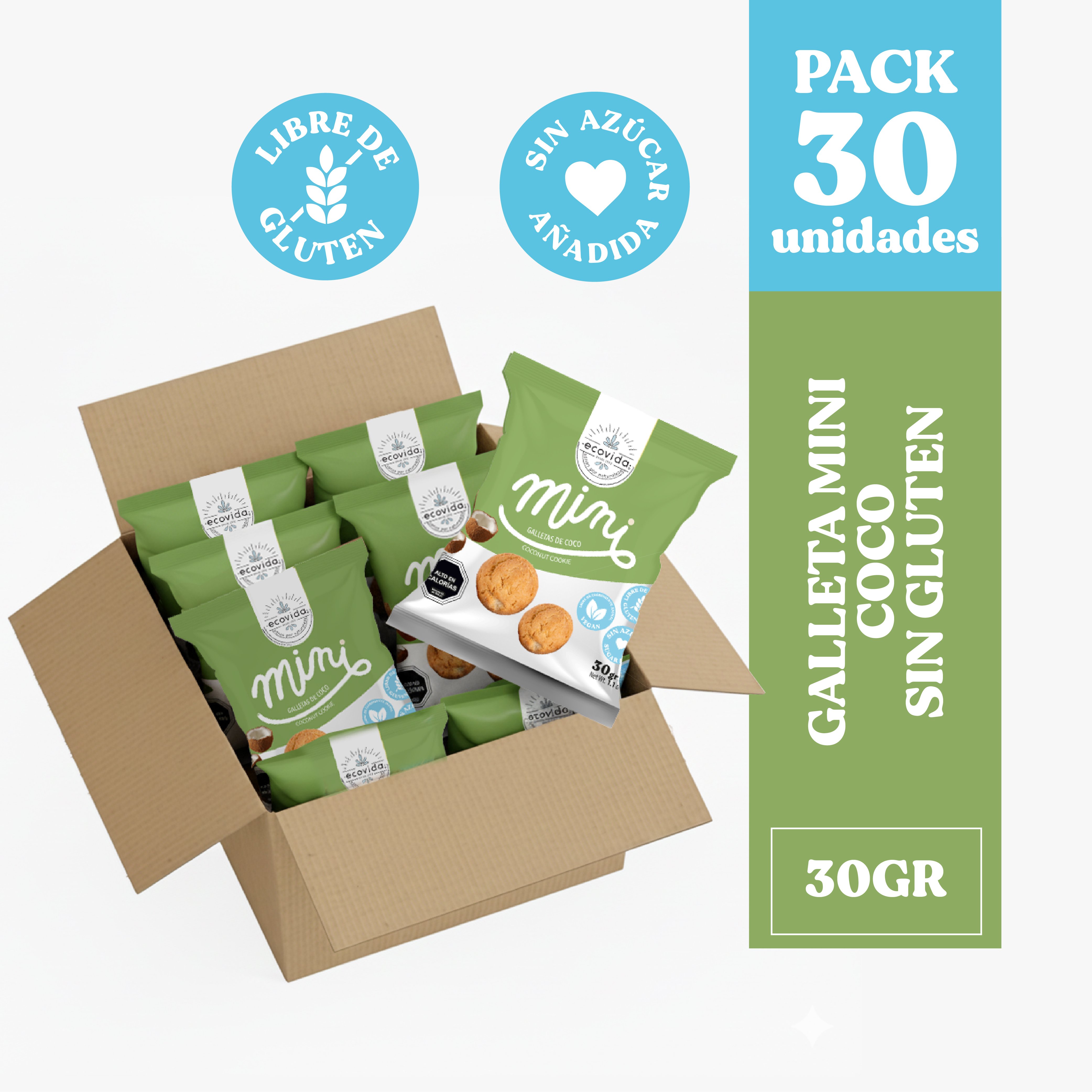 Ecovida S.A - Galleta Mini Coco Sin Gluten Y Sin Azúcar 30Gr - Caja 30 Unid
