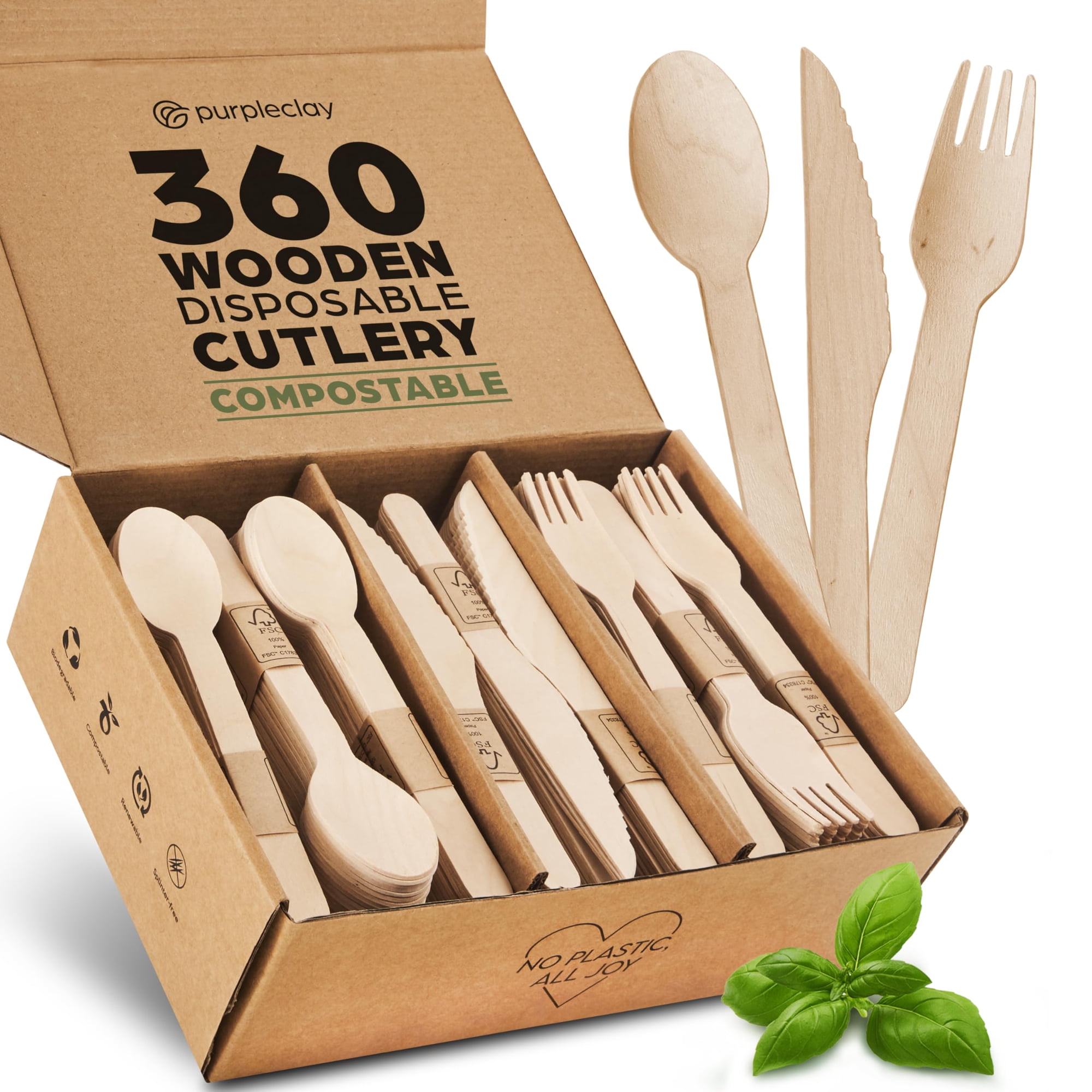Purpleclay - Juego De Utensilios De Madera Desechables, 360 Piezas (120 Tenedores, 120 Cucharas, 120 Cuchillos)