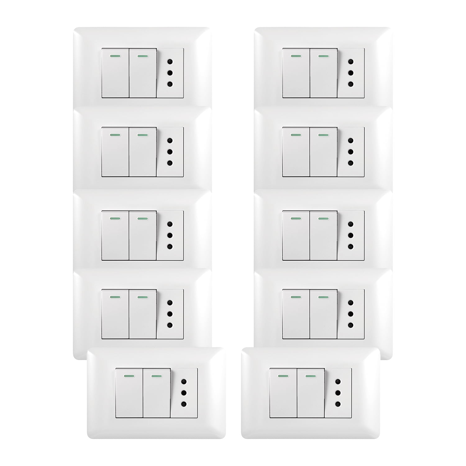 Genérico - Pack 10 Tomacorriente Simple 10a 250v + Interruptor Doble 9/12 10a 250v Blanco