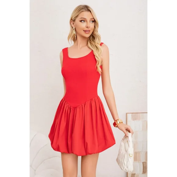 Mini Vestido Corto Mujer Sin Manga Falda Acampanada Unicolor 3364