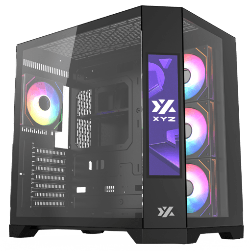 Xyz Gaming - Gabinete Gamer Xyz Neutron, Diseño Panorámico, Doble Cámara, Pantalla Frontal, 4 Fans, Black
