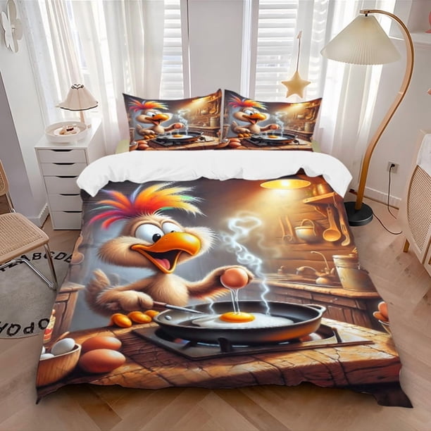 Bedding Featuring Anime Cartoon Chickens - Comes with One Quilt Cover And Two Pillowcases (Core Not Included) - Ideal for Decorating Bedrooms And Guest Rooms Ma