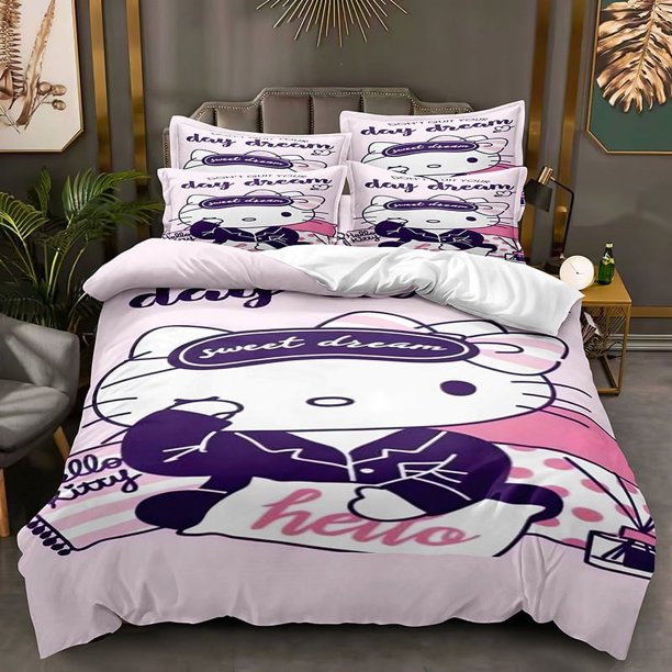 Hello_Kitty 3 Pcs Comforter Set with 2 Pillowcases,Halloween Christmas Hello_Kitty Bedding Set Sheet Set for Kids Adults,All Season Lightweight