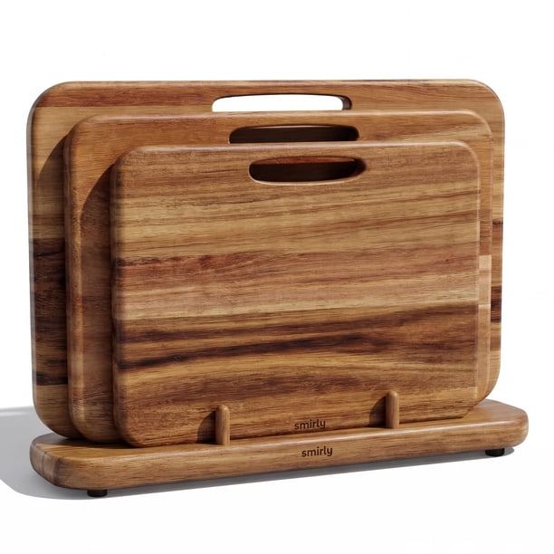 Tablas de Cortar de Madera SMIRLY para Cocina, Tabla de Cortar Doble Cara con Asa, Juego de 3 Tablas de Madera Maciza de Acacia con Soporte, No Tóxicas para Carne, Verduras y Frutas