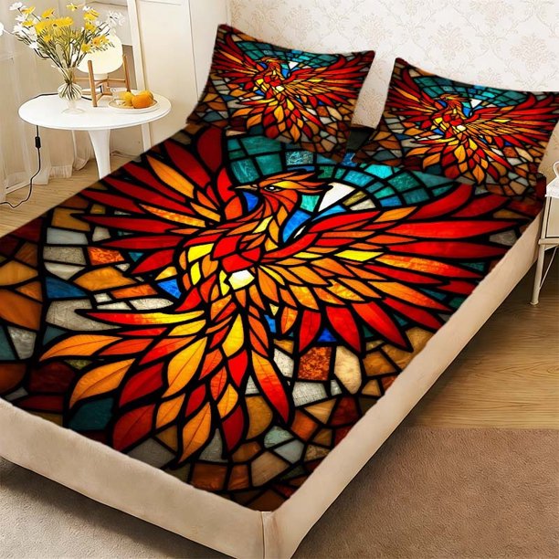 Phoenix Color Window Duvet Cover Set - Pattern Print Fitted Sheet Set a Must-Have for Home and Guest Rooms Deep Pocket Keeps Sheet Securely in Place Soft and Br