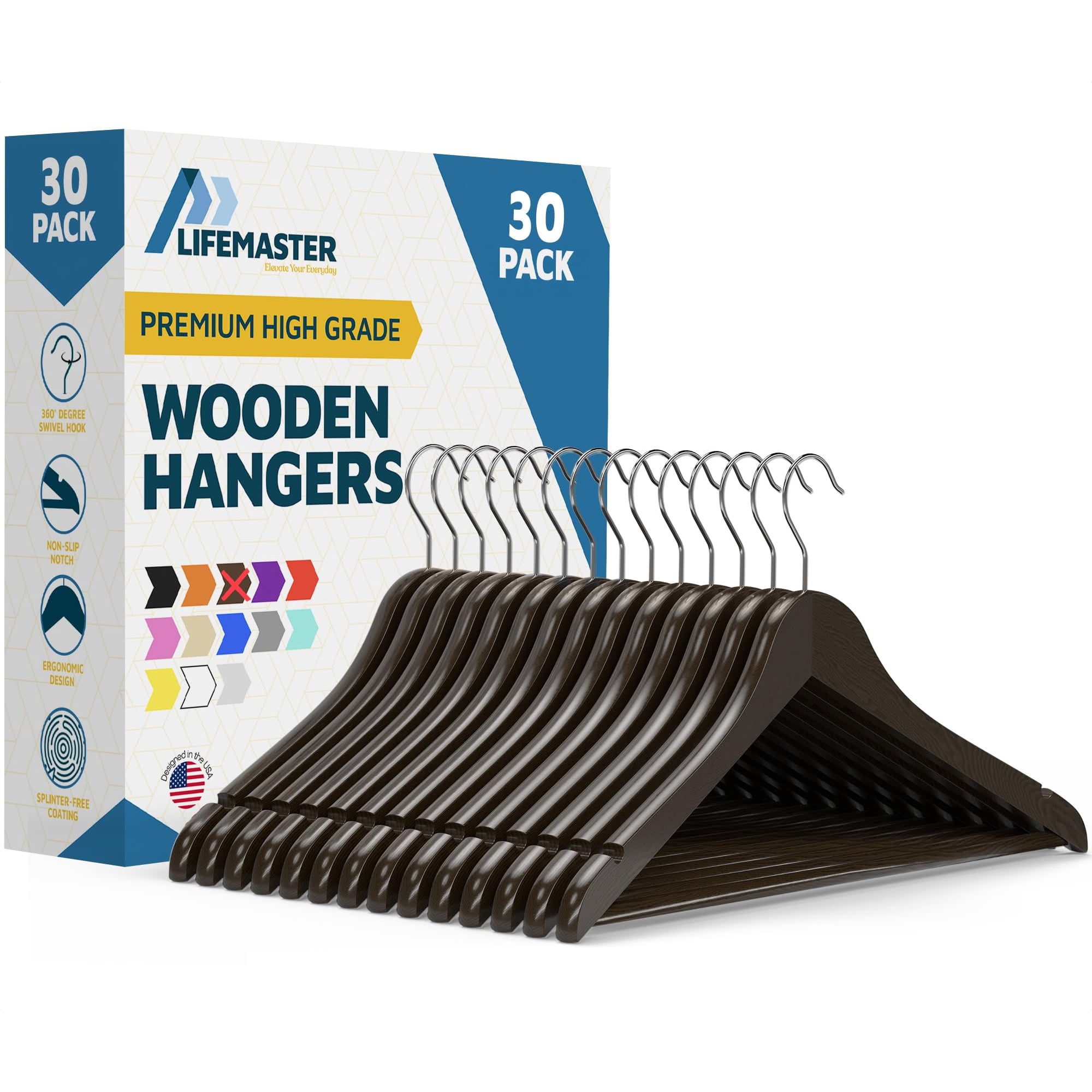 Perchas Para Ropa Lifemaster De Madera Con Gancho Giratorio De 360°, Paquete De 30