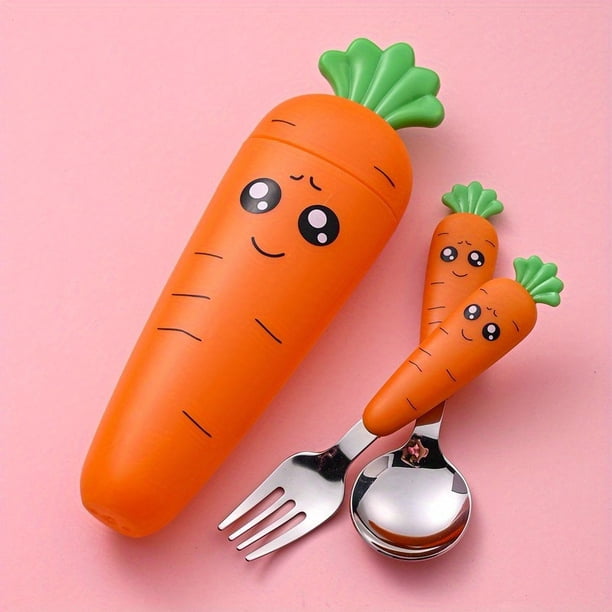 1pc/1set Creative Cartoon Carrot Tableware, Children's Fork Spoon With Handle, Portable Children's Tableware, For Toddlers Kids