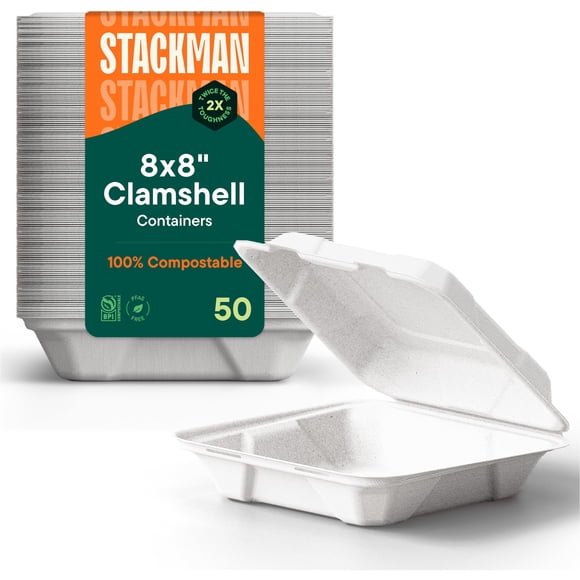Recipientes de comida para llevar Clamshell Stack Man 8 x 8, paquete de 50