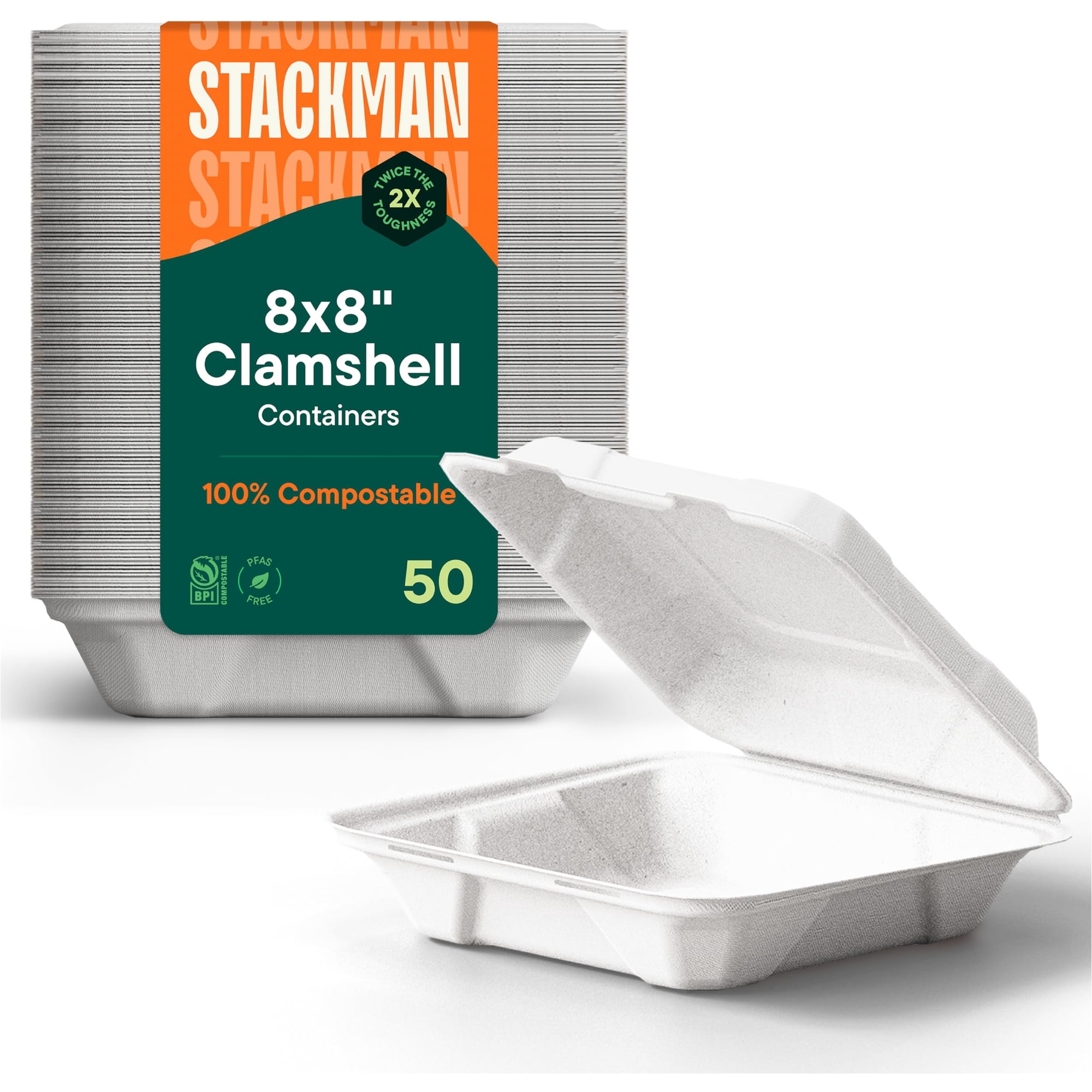 Recipientes De Comida Para Llevar Clamshell Stack Man 8 X 8, Paquete De 50