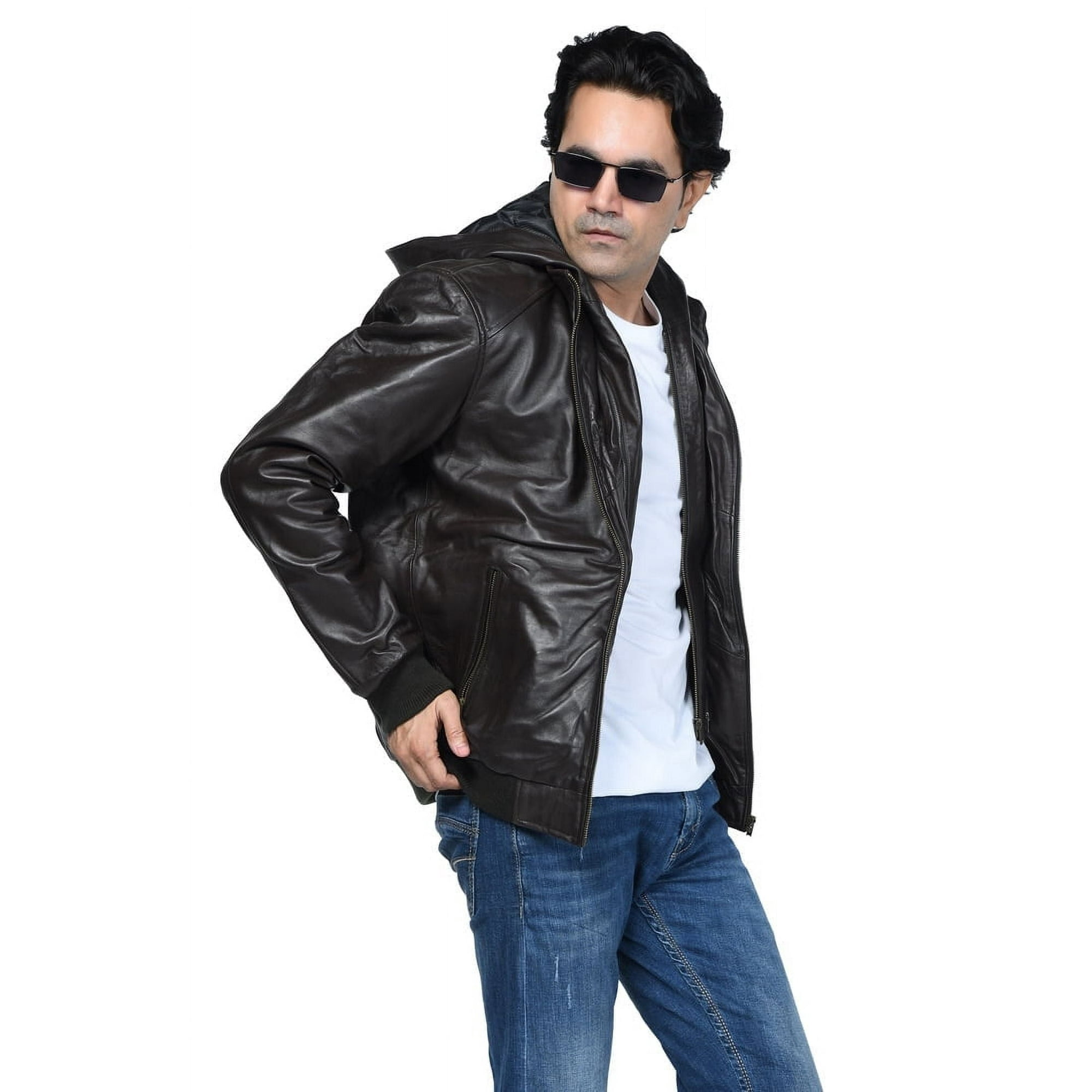 Chaqueta Cuero Sharo Rugged Con Capucha Marrón Chocolate Oscuro