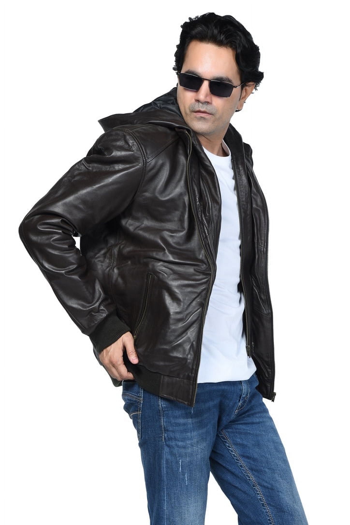 Chaqueta Cuero Sharo Classic Leather Rugged Con Capucha Marrón Chocolate
